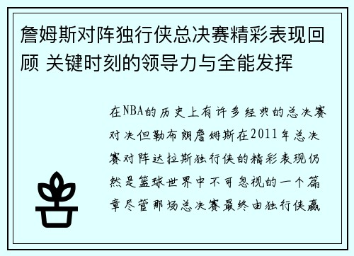 詹姆斯对阵独行侠总决赛精彩表现回顾 关键时刻的领导力与全能发挥